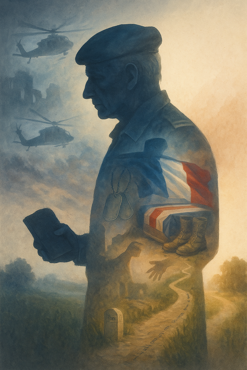 Silhouette d’un vétéran ; souvenirs d’opérations, cercueil drapé, main tendue — TSPT militaire